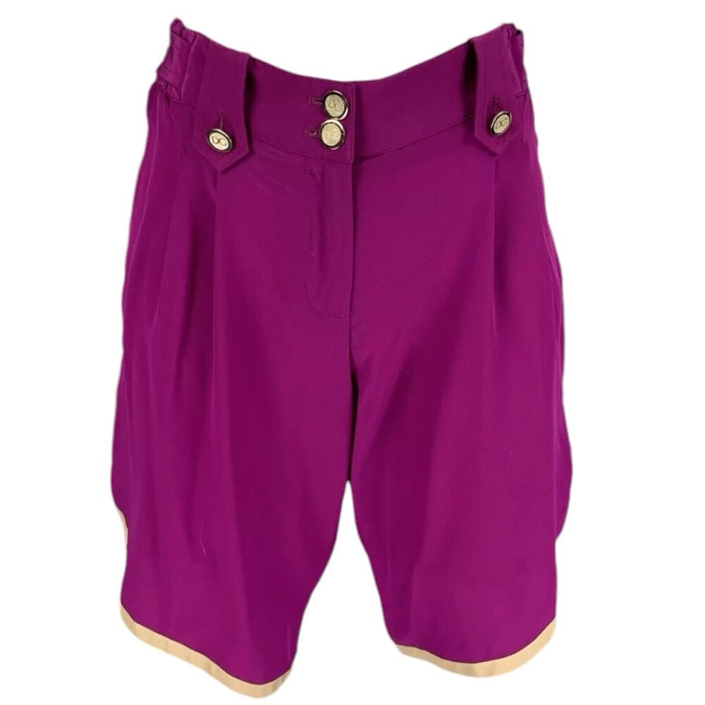 Dolce & Gabbana Purple Silk Beige Trim Logo Button Mid Rise Shorts Sz 42 / 6 - Picture 3 of 12